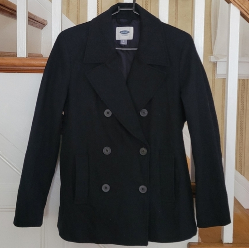 OLD NAVY Wool Blend Soft Brush Button Closure Black Peacoat Size Small